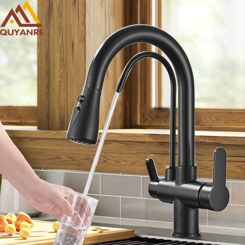 Matte Black Filtered Crane For Kitchen Pull Out Spray 360 Rotation Water Filter Tap Three Ways Sink