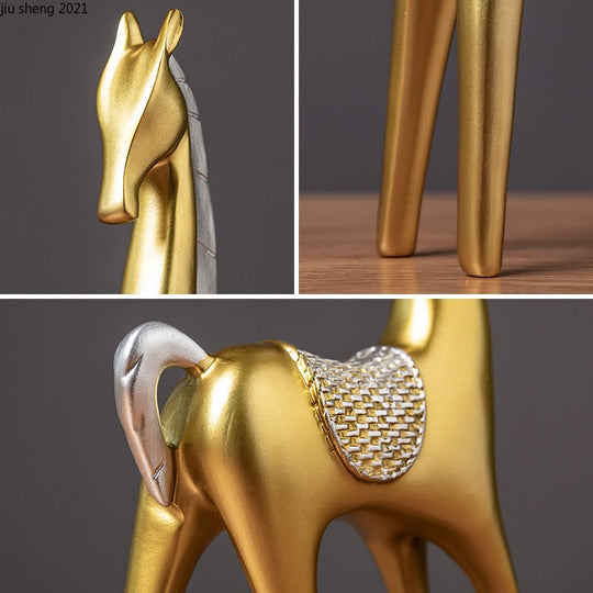 2 Piece - Luxury Golden Horse And Elk Figurines: Resin Animal Sculpture For Elegant Home Decor Items