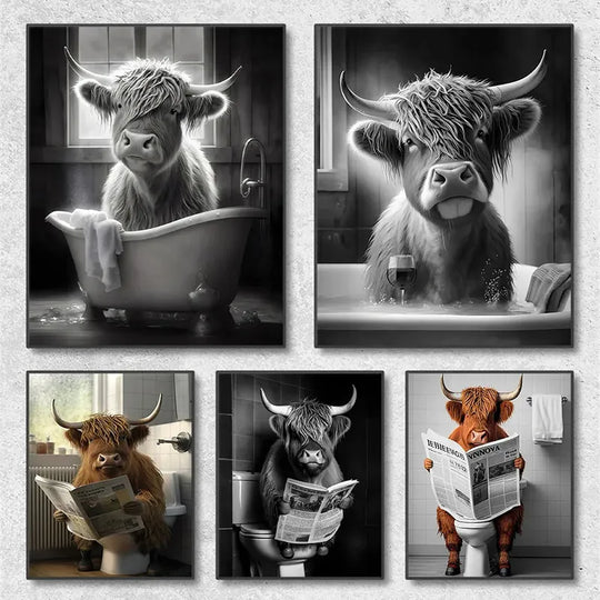 Funny Highland Cow On Toilet Wall Art Poster Prints Rustic Farmhouse Style Canvas Painting Picture