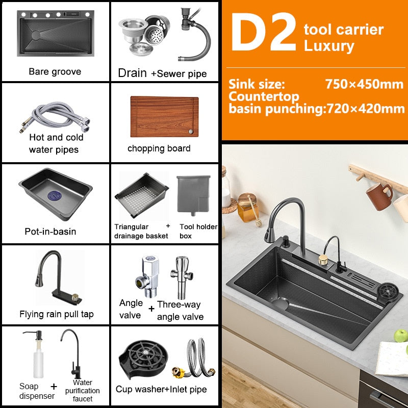 Waterfall Sink Kitchen 304 Stainless Steel Large Single Slot Modern Multifuctional Workstation With