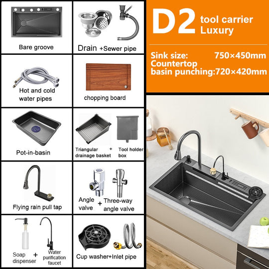 Waterfall Sink Kitchen 304 Stainless Steel Large Single Slot Modern Multifuctional Workstation With