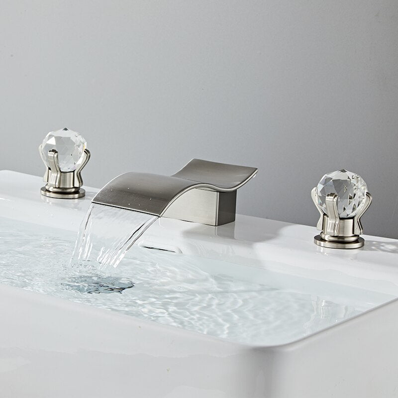 Bathroom Basin Faucet With Crystal Ball Switch Waterfall Faucets Hot Cold Water Mixer Tap Set Dual