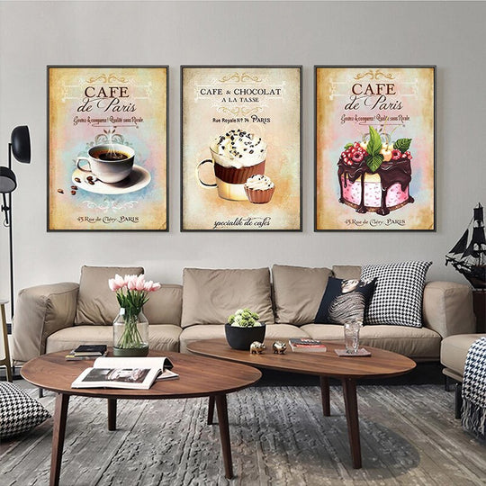 Vintage Coffee Cup And Cake Canvas Painting: Posters Prints For Kitchen Dining Decor Wall Painting