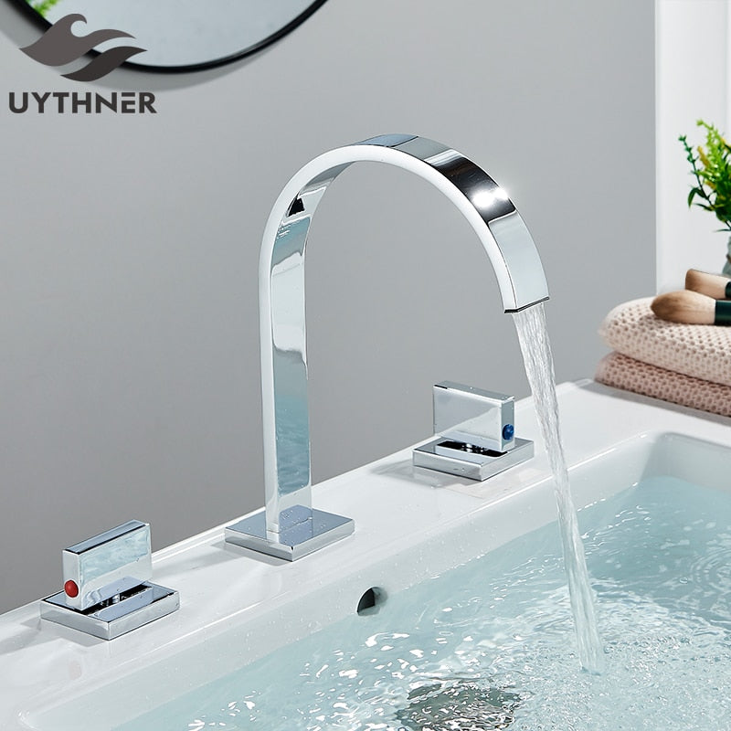 Gold Bathroom Basin Faucet Wash Sink Dual Handle Taps Deck Mounted Hot And Cold Water Mixer Tap