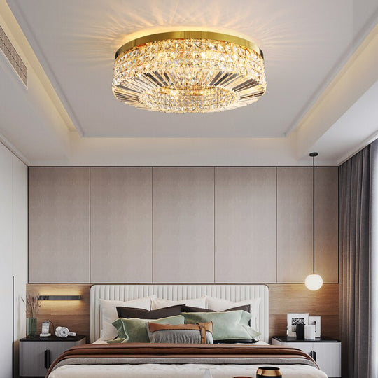 Modern Round Crystal Golden Ceiling Lamp - Stainless Steel Led E14 Luminaire For Dining Room