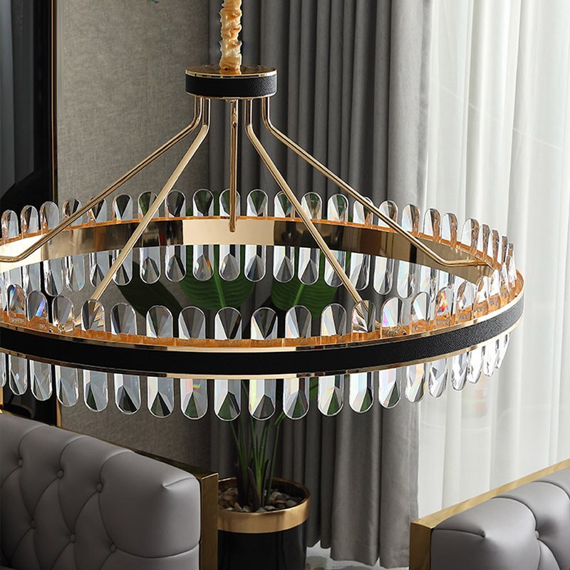 Crystal Dimmable Led Light Ceiling Chandeliers Black Leather Luxury Lustres Round Hanging Lamps