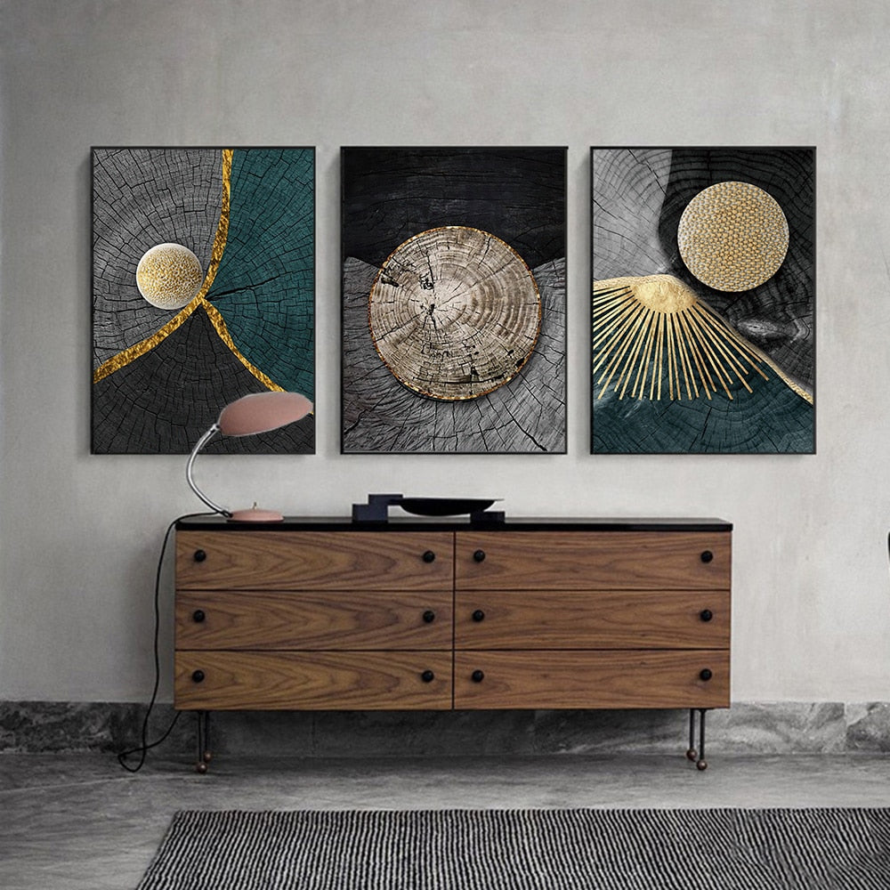 Golden Black Wood Texture Canvas Art - Modern Nordic Decor For Living Room