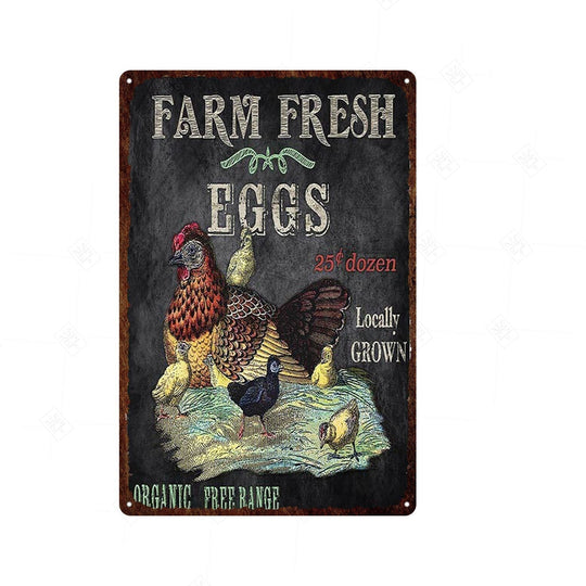 Vintage Chicken And Fresh Eggs Tin Sign: Farmhouse Kitchen Farm Wall Art Decor 21 / 20X30Cm Painting