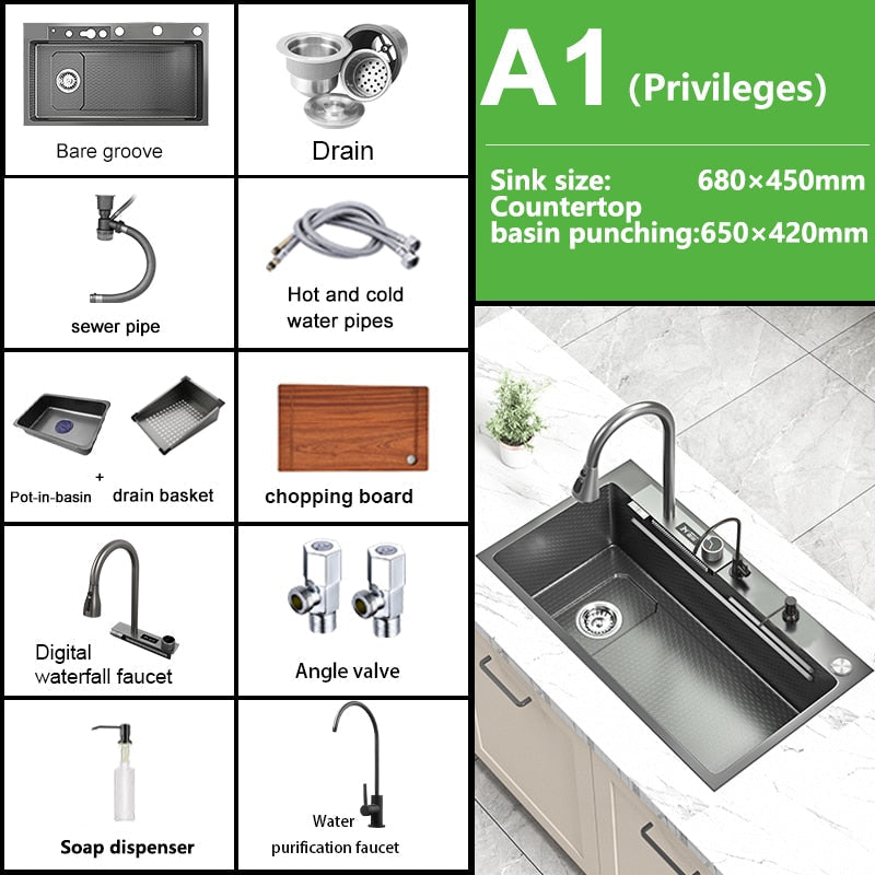 Waterfall Kitchen Sink Stainless Steel Embossed Washbasin Large Single Slot Left Drain