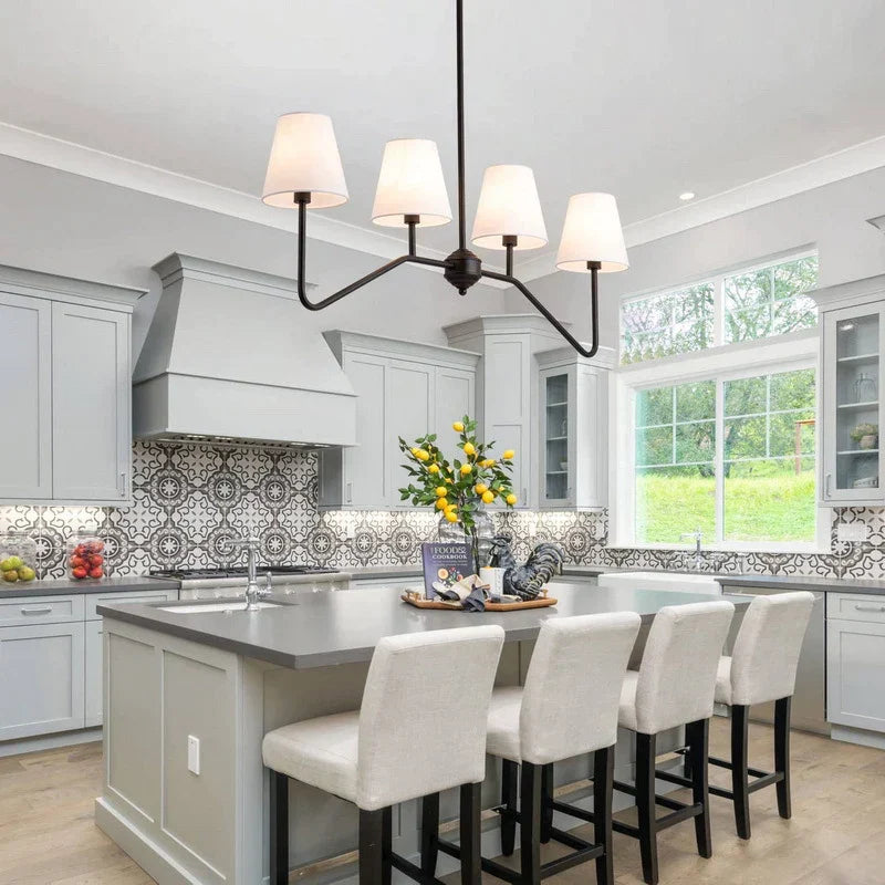 Madison Classic Kitchen Island Chandelier - Polished Gold/Black With White Linen Shades For Modern