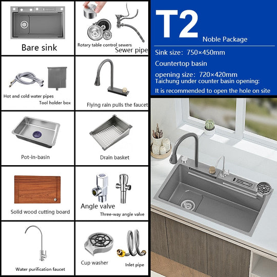 New Grey Nano 304 Stainless Steel Kitchen Sink Waterfall Basin Large Single Slot With Faucet For