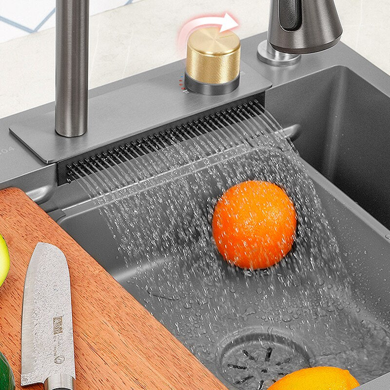 Kitchen Sink Nano 304 Stainless Steel Waterfall Gun Gray Large Single Bowl With Multifunction Touch