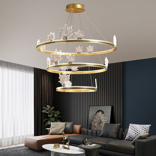 Modern Aluminum Ring Pendant Lights Dimming Foyer Restaurant Bedroom Hanging Lamp Acrylic Leaves