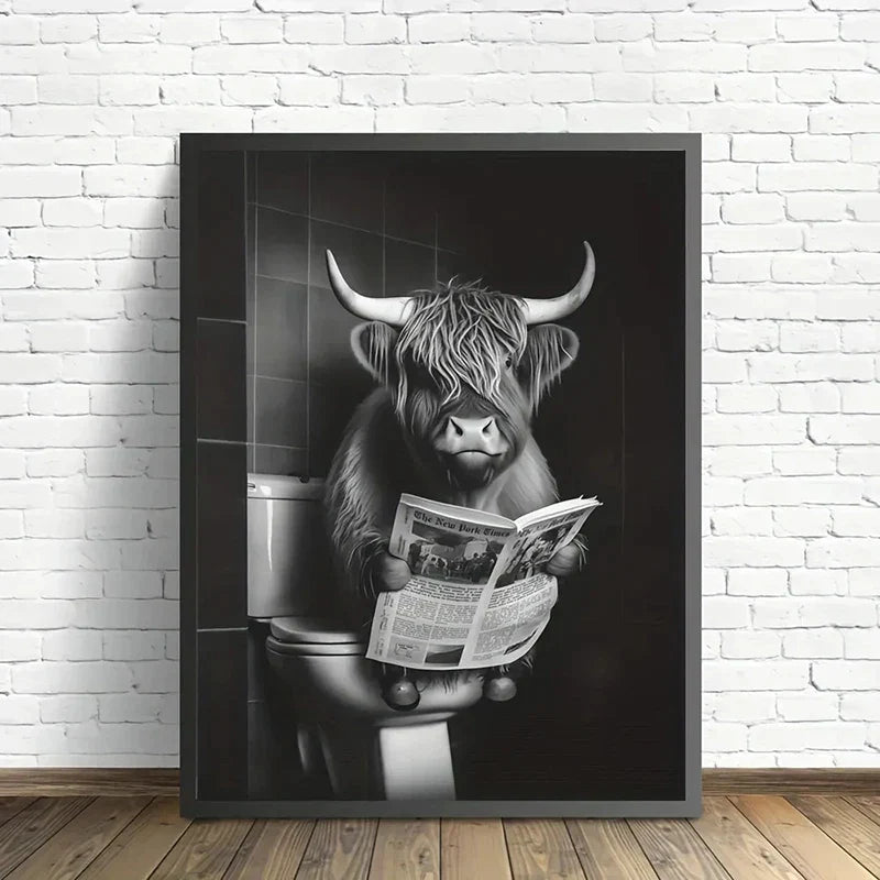Funny Highland Cow On Toilet Wall Art Poster Prints Rustic Farmhouse Style Canvas Painting Picture
