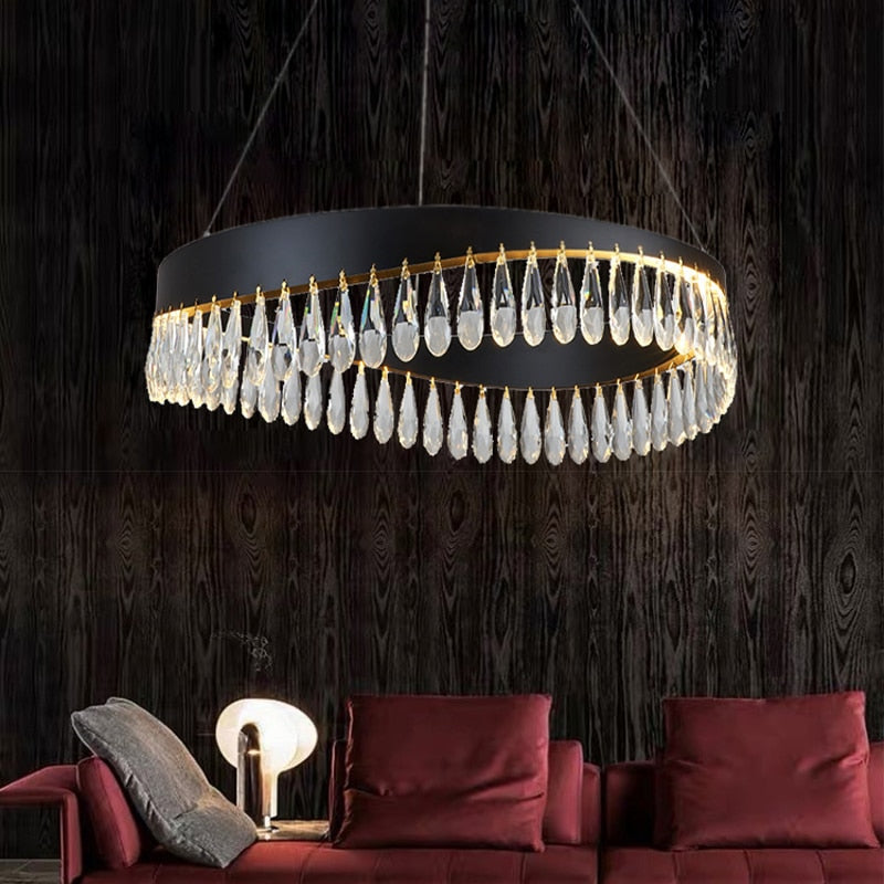 Artistic Curve Modern Suspension Chandeliers Black Luxury Crystal Hanging Lamps For Ceiling