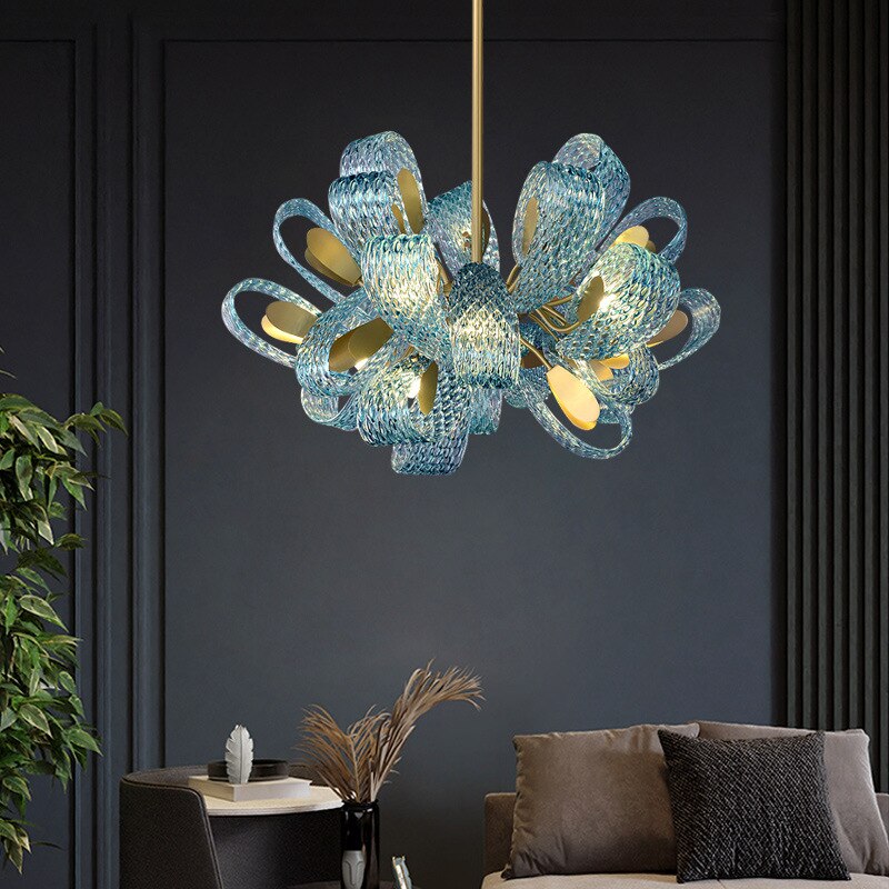 Modern Luxury Flower Ceiling Chandeliers Blue Copper Led Pendant Lamp Living Dining Salon Bedroom