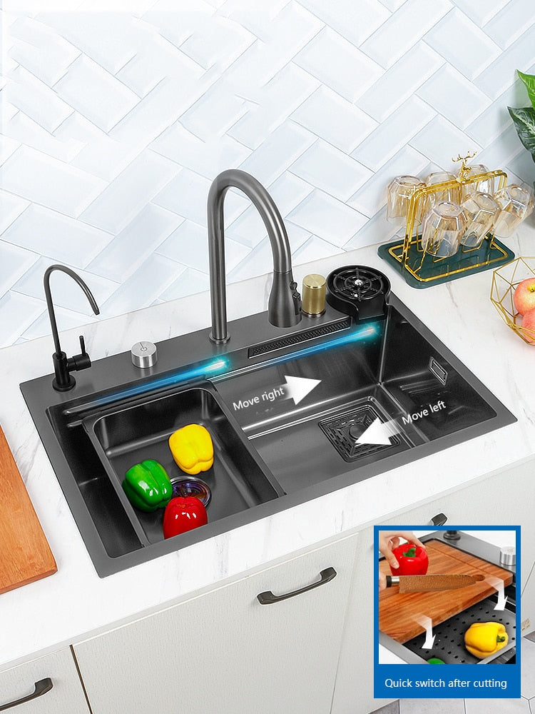 New Black Nano Kitchen Sink 304 Stainless Steel Waterfall Basin Large Single Slot With Faucet For