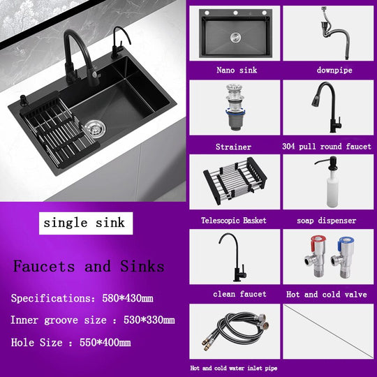 Black Stainless Steel Single Bowl Kitchen Sink Undermount Dishwasher 58X43 2 Sink