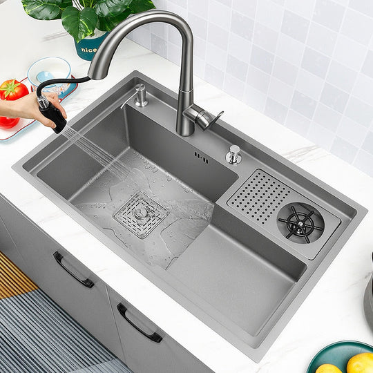 Grey Drop In Kitchen Sink Workstation Undermount Single Bowl 304 Stainless Steel With Drain Basket