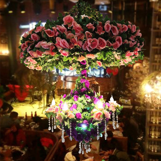 Simulation Flower Chandelier Theme Restaurant Wine Market Double Rose Crystal Chain Romantic