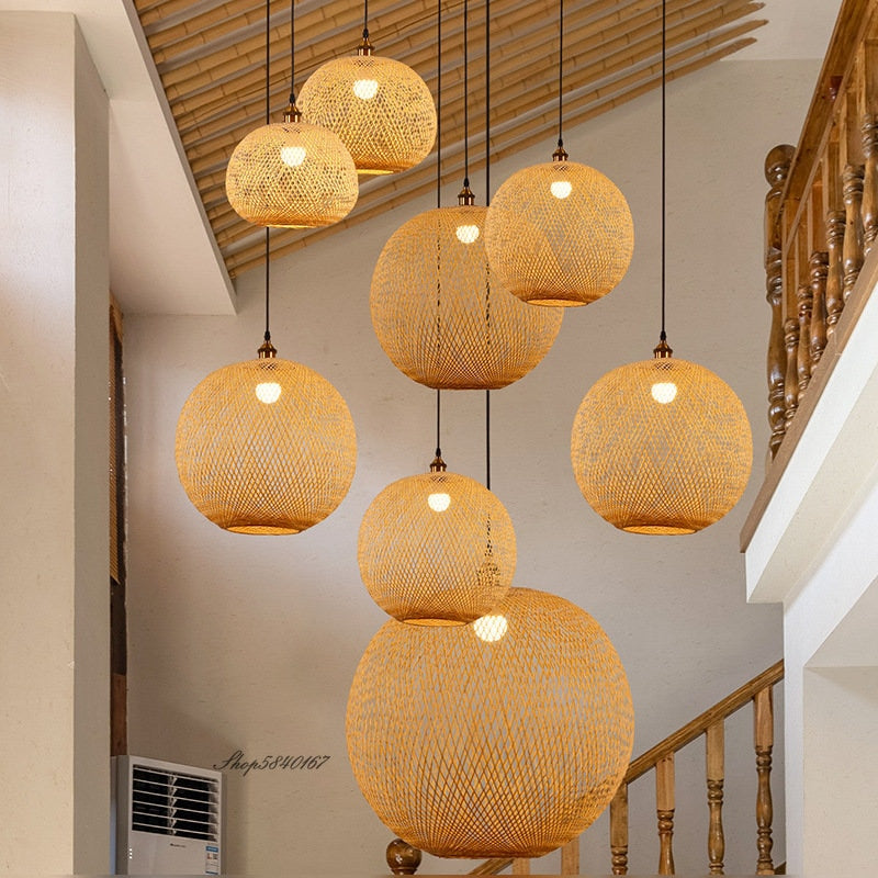 New Round Ball Bamboo Pendant Lights Vintage Kitchen Light Fixtures Minimalist Home Lighting Dining