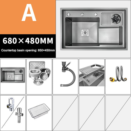 Grey Drop In Kitchen Sink Workstation Undermount Single Bowl 304 Stainless Steel With Drain Basket