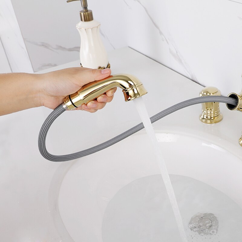 Pull Out Bathroom Sink Faucets Basin Faucet Mixer Gold Brass 3 Holes Double Handle Bathbasin