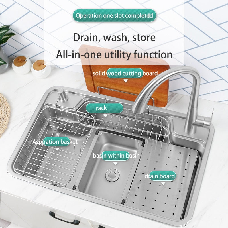 Kitchen Sink Workstation Nano Single Bowl 304 Stainless Steel Large Basin 78X48Cm With Drain