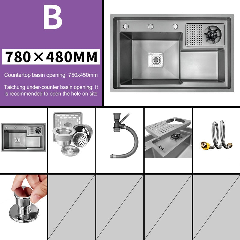 Grey Drop In Kitchen Sink Workstation Undermount Single Bowl 304 Stainless Steel With Drain Basket