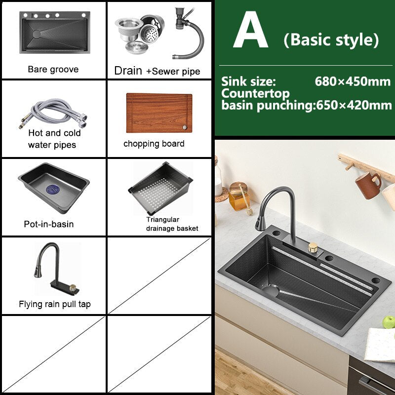 Waterfall Sink Kitchen 304 Stainless Steel Large Single Slot Modern Multifuctional Workstation With