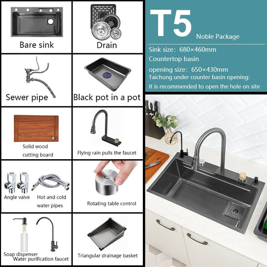 New Black Nano Kitchen Sink 304 Stainless Steel Waterfall Basin Large Single Slot With Faucet For