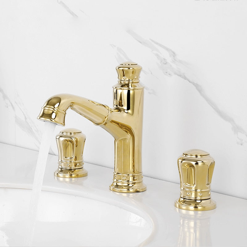 Pull Out Bathroom Sink Faucets Basin Faucet Mixer Gold Brass 3 Holes Double Handle Bathbasin