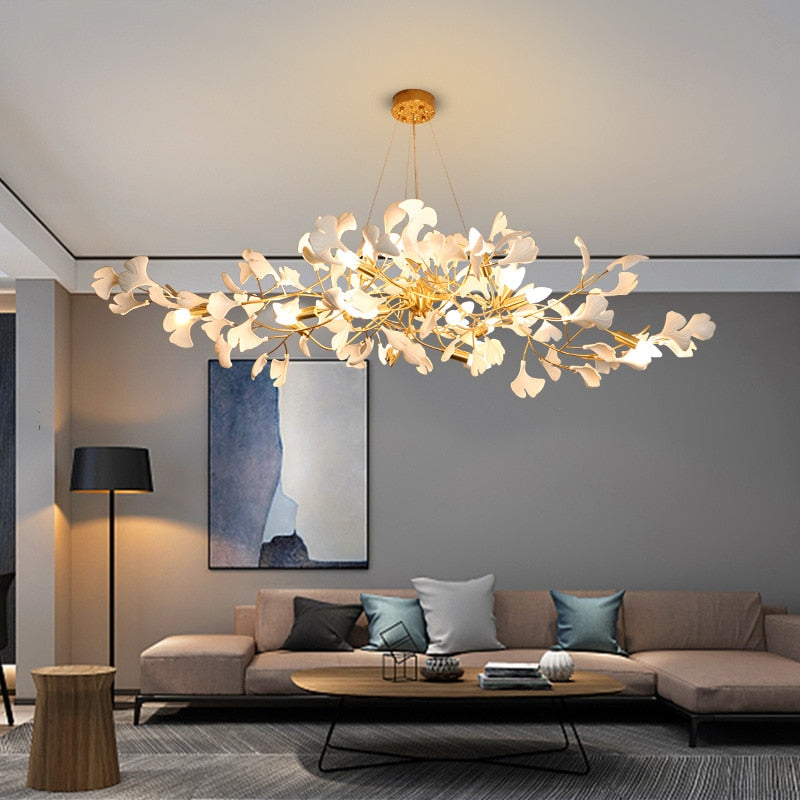 Modern Ceramic Petal Chandelier Nordic Design Ginkgo Branch Leaves Copper Led Lighting Living Room