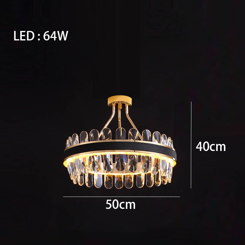 Crystal Dimmable Led Light Ceiling Chandeliers Black Leather Luxury Lustres Round Hanging Lamps