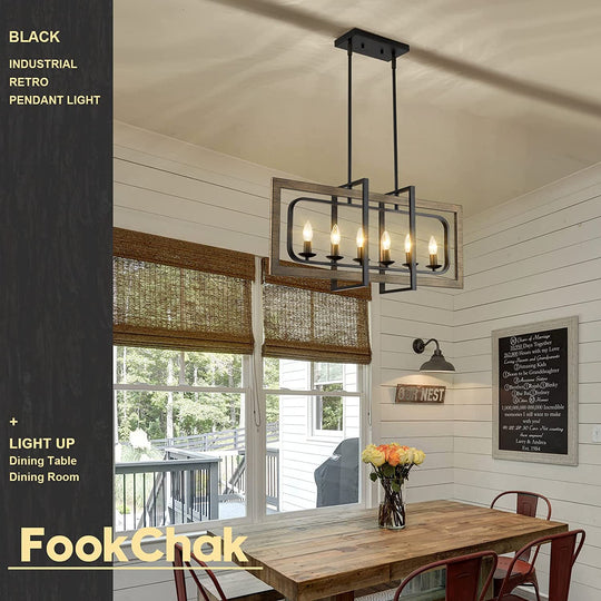 Vintage Wood Chandelier Black Industrial Retro Pendant Lights Living Room Bedroom Kitchen Farmhouse