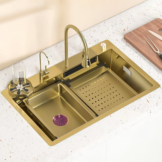 Waterfall Kitchen Sink Gold Nano 304 Stainless Steel Large Single Bowl Modern Multifuctional