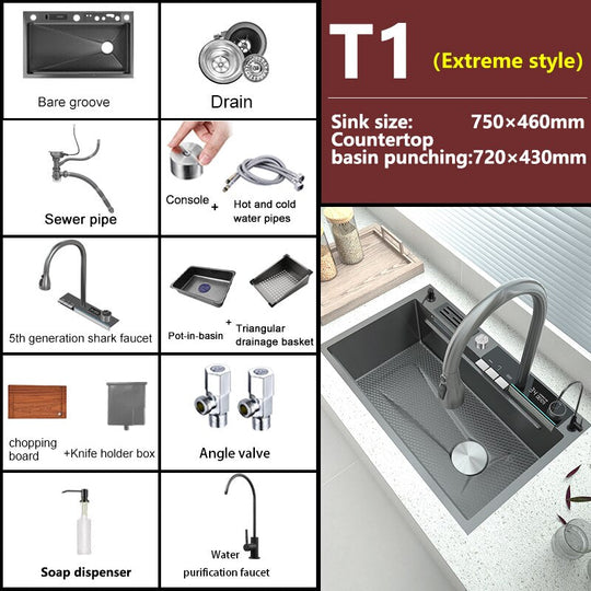 Stainless Steel Waterfall Kitchen Sink Digital Display Embossed Large Single - Slot Multifunctional