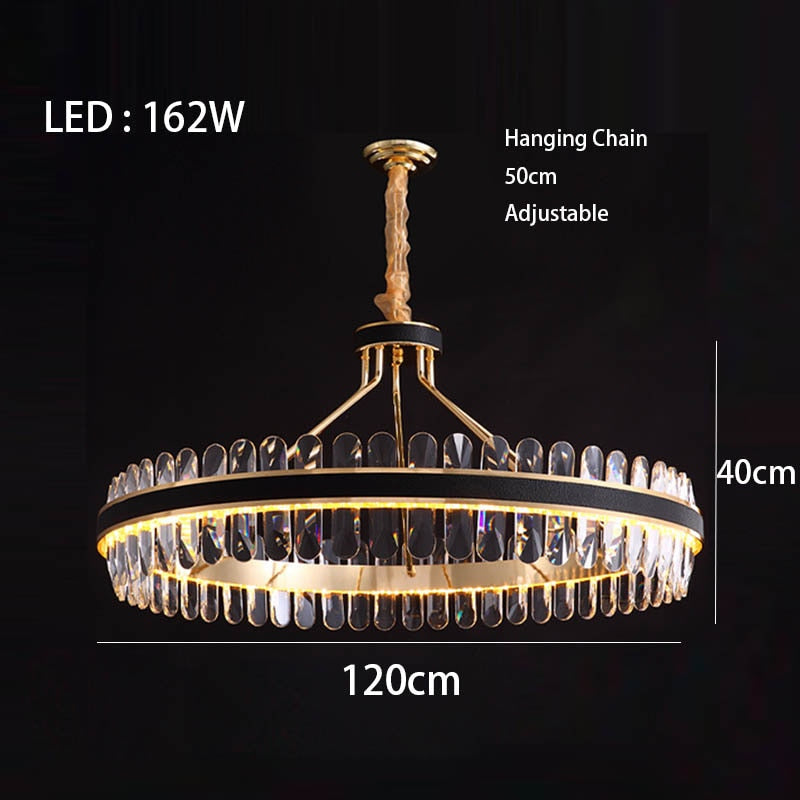 Crystal Dimmable Led Light Ceiling Chandeliers Black Leather Luxury Lustres Round Hanging Lamps