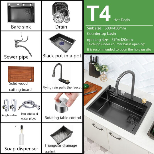 New Black Nano Kitchen Sink 304 Stainless Steel Waterfall Basin Large Single Slot With Faucet For