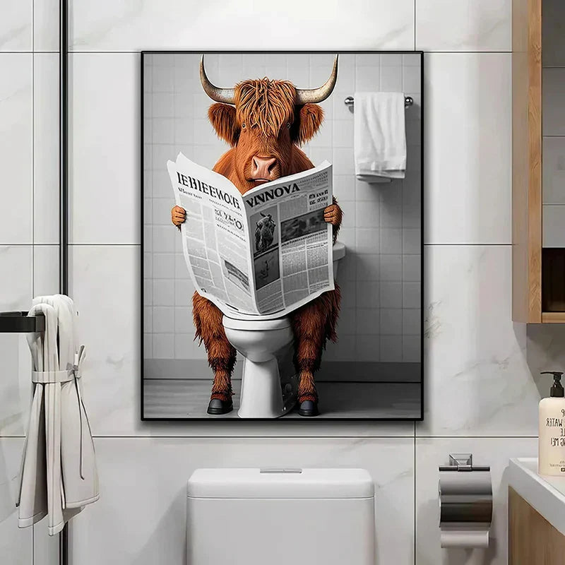 Funny Highland Cow On Toilet Wall Art Poster Prints Rustic Farmhouse Style Canvas Painting Picture