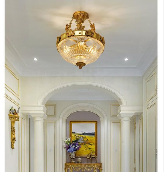 European - Style Copper Semi - Flush Ceiling Lamp - French Golden Lighting Fixture For Living Room