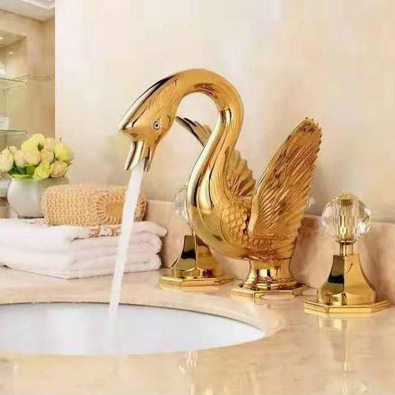 Basin Faucet Widespread Hot And Cold Swan Sink Crystal Handle Gold Solid Brass Mixer Bathroom