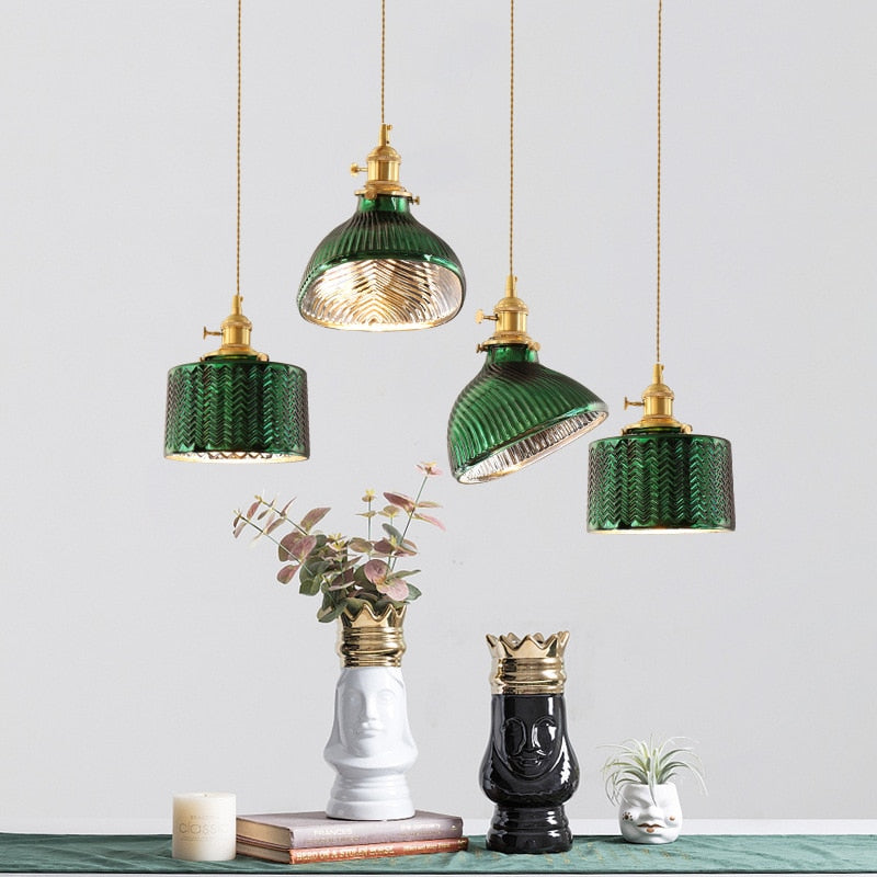 Retro Glass Pendant Lamp Luxury Vintage Style Home Lighting Fixture Green Shade Bedroom Kitchen