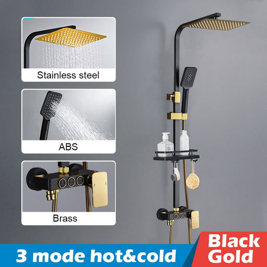 Bathroom Shower Set Black Gold Rain Faucet Thermostatic Digital Display Mixer Taps Copper Systems