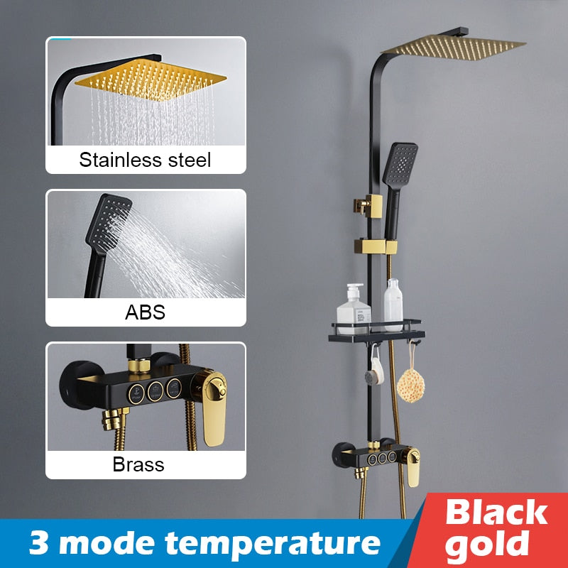 Bathroom Shower Set Black Gold Rain Faucet Thermostatic Digital Display Mixer Taps Copper Systems