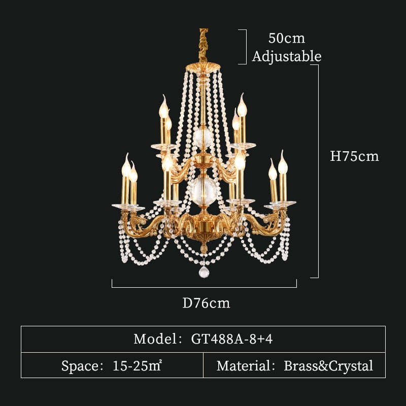 French Crystal Copper Chandelier Villa Duplex Lamp Luxury Dining Room A12Lights D76 H75Cm Chandelier