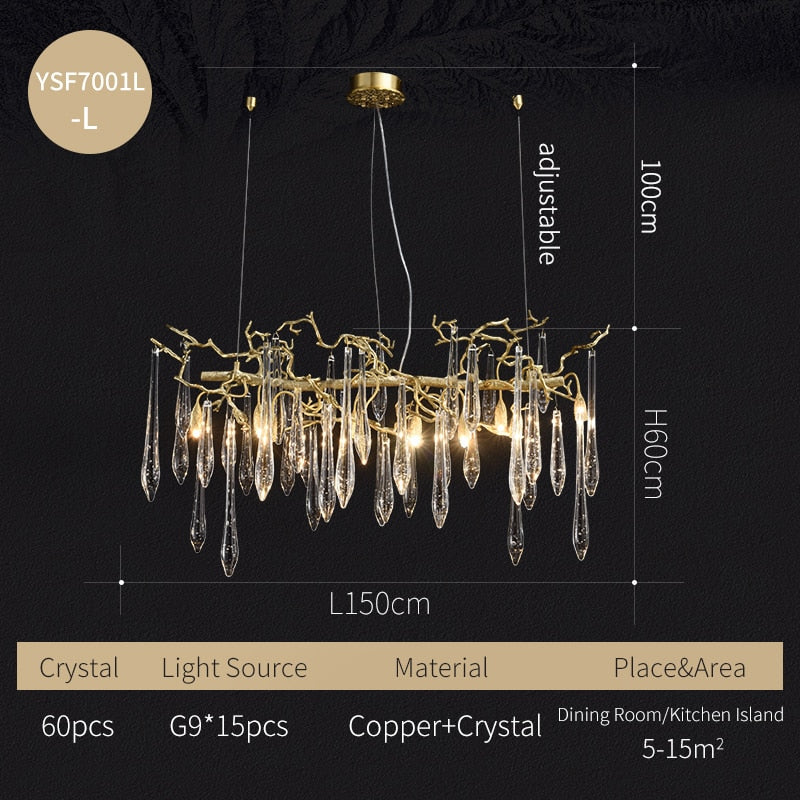 Creative Tree Branch Lamp Long Copper Chandelier For Dining Room Restaurant Crystal Kitchen Island