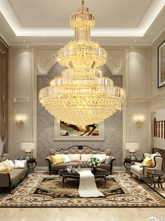 French Style Crystal Glass Pendant Lights Living Room Round Gold High Ceiling Hanging Lamp Home Led