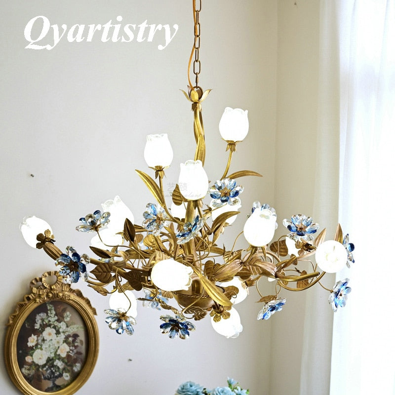 American Vintage Chandelier Lighting E14 Bulb Luxury Crystal Blue Farmhouse Ceiling Pendant Lamp