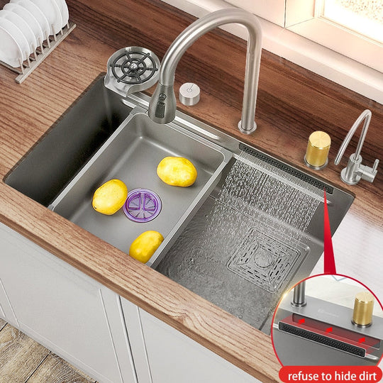 Kitchen Sink 304 Stainless Steel Large Single Slot With Multifunction Touch Waterfall Faucet For